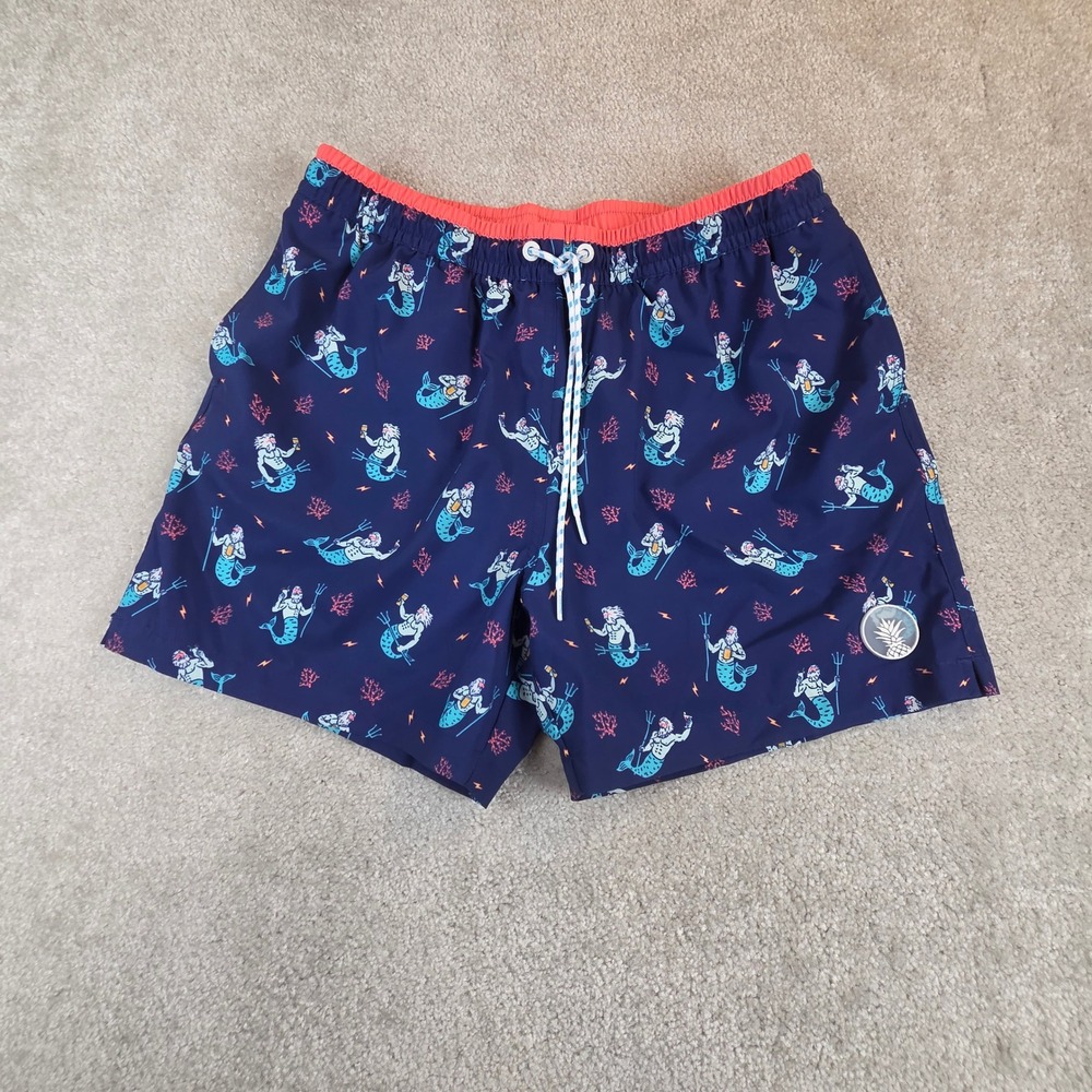 Chubbies Mens Navy Merman Print Swim Trunks 5.5 Inseam Large L Drawstring Liner